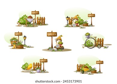 
Conjunto de jardín de composición de verano. Dibujo a mano alzada, aislado sobre fondo blanco, Vector.