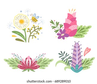 Set with summer compositions made of flowers, bees in a doodle style. Vector graphics. Can be used as a print for children's clothing.