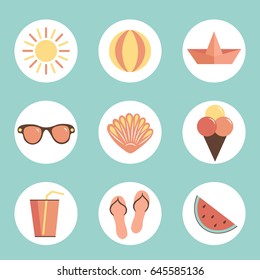Set of summer concept icons isolated over blue. Vector illustration
