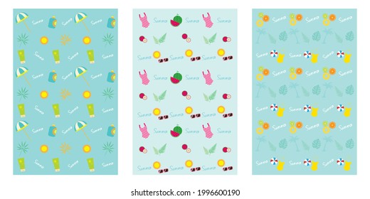 Set of summer concept patter illustration. Sunny, Marine, beach, swimsuits, tropical leave, fruits icons. Summer decorative patter graphics. Vector illustration.