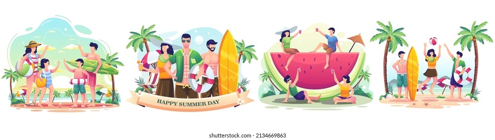 Set of Summer concept with People enjoying holidays during summer. Happy people playing on the beach. Flat style vector illustration