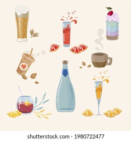 Set of summer cool and strong drinks. Set of fresh, party icons over beige background. Vector colorful drinks. Bar menu design elements.