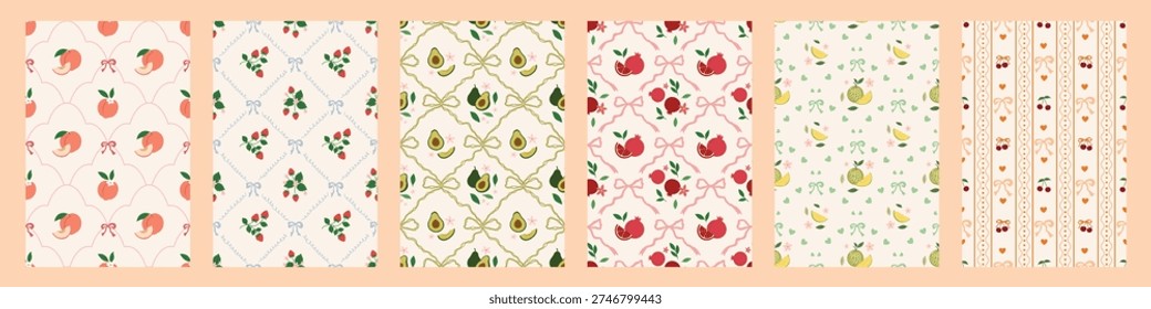 Set of Summer Coquette Fruit and Bow Seamless Pattern. Cute Hand Drawn Ribbon Vintage Background with Cherry, Strawberry, Peach, Avocado, Pomegranate, Melon. Perfect for Fabric, Wrapping Paper, Wallpaper