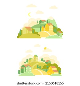 Set of summer countryside landscapes with green hills, cute houses and path vector illustration
