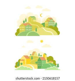 Set of summer countryside landscapes with green hills, houses and path at day and night time vector illustration