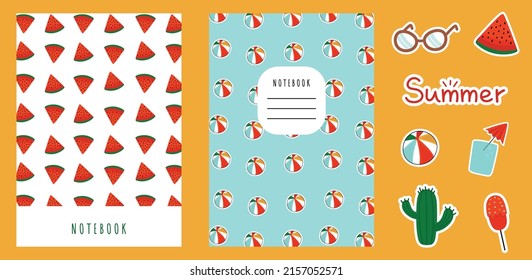 Set of summer covers for notebooks. Title page templates with watermelons and beach balls. Summer isolated vector stickers.