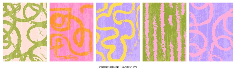 Set of summer covers, postcards with smooth abstract organic lines. Chaotic green, pink and violet hand-drawn looping lines on grunge texture pastel background. Artistic design  illustration,banner