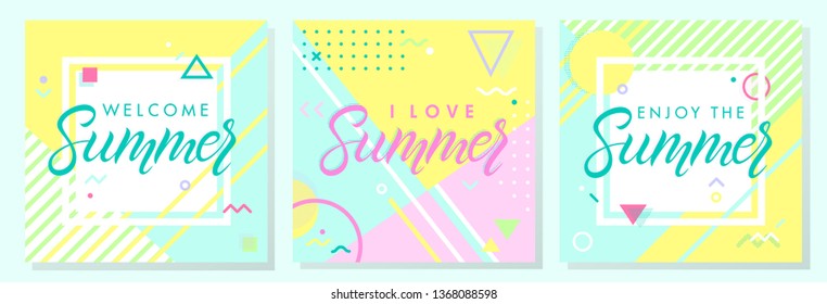 Set of summer creative cards in memphis style.Abstract design templates perfect for prints,flyers,banners,invitations,covers,social media and more.Welcome summer,i love summer,enjoy the summer