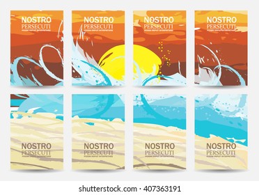 Set of summer creative universal cards with Watercolor Splashes. Abstract Paint Texture. Hand Drawn sand sun wave. Design for poster, card, invitation, placard, brochure. Vector. Isolated.