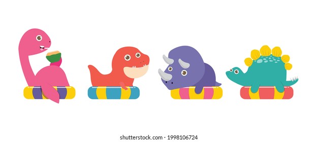 Set of summer Cute Dinosaur in swimming nd rubber ring, tyrannosaurus, triceratops,stegosaurus, nessie cartoon floating on inflatable  in the sea isolated on white background vector illustration