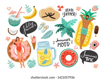 Set of summer cute elements. Couple floating on swim ring with fruits, cocktail, camera, hat, lemonade, lettering etc. Vector illustration for postcard, poster, sticker, packaging, fabric etc .