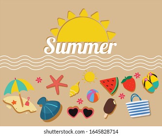 Set of summer cute elements Vector. Hello summer background with beach elements  Vector.
