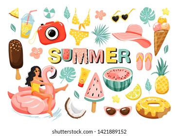 Set of summer cute elements. Woman floating on swim ring with sunglasses, fruits, camera, ice cream, hat, lemonade etc. Vector illustration for postcard, poster, sticker, packiging, fabric etc .