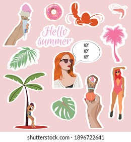 Set of summer cute elements. Woman on swimsuit with sunglasses, tropical leaves, ice cream, palm tree, donut etc. Illustration for postcard, poster, sticker, packiging, fabric etc .