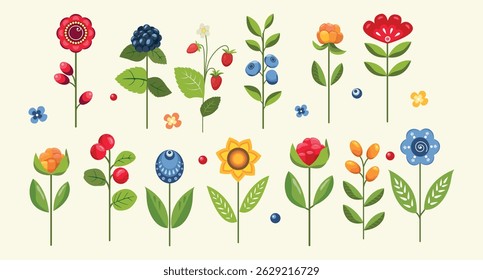 Set of summer decorative flowers and berries. Floral elements, berries, leaves and herbs, plants on a light background. A collection of icons of summer berries and flowers. Vector flat illustration.