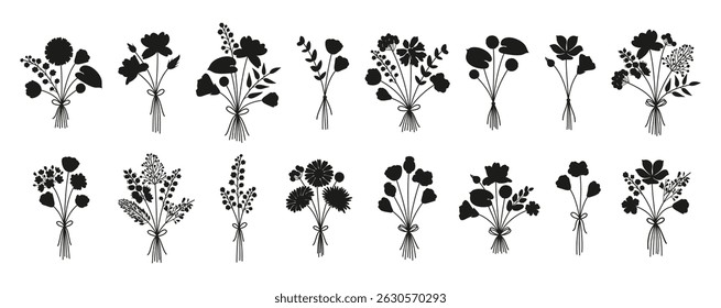 Set of summer delicate flower bouquets silhouettes in black color on white background. Bunches of wildflowers tied with ribbons. Vector illustration of meadow herbs and wild plants for design projects
