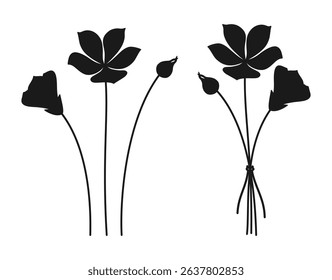Set of summer delicate flowers and bouquet silhouette in black color on a white background. Bunches of wildflowers. Vector illustration for design projects