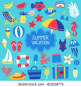 Set of summer design elements - banana, pineapple, watermelon, fish, diving mask, palm leaves, ice cream, hat, thongs, deck chair, starfish, lifebuoy, swimsuit, seahorse, shell, bikini, jellyfish, bag