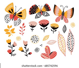 Set of summer design elements. Butterflies, leaves and flowers. Decorative objects for cards, invitations or poster.