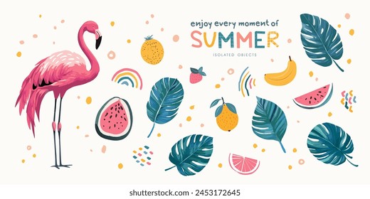 Set of summer design elements. Hand-drawn cute illustrations: pink flamingo, tropical leaves and fruits. Collection of vector objects drawn in gouache