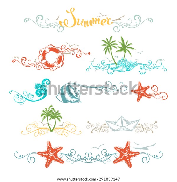Set of summer design elements and page decorations.\
Bright vintage ornaments and page dividers for your tropical\
design. 