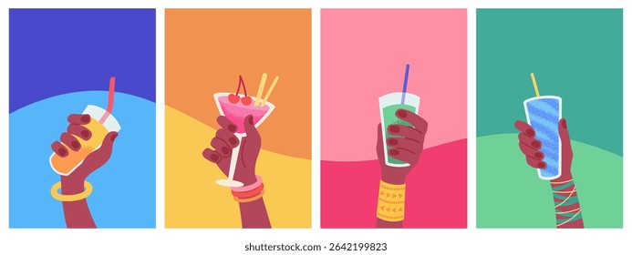 Set of summer design posters. Beach party, hands holding glasses with soft drinks, fruit cocktails. Vector printable templates for text