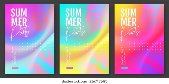 Set of summer disco party posters with tropic leaves on holographic flow background. Summer background. Vector illustration