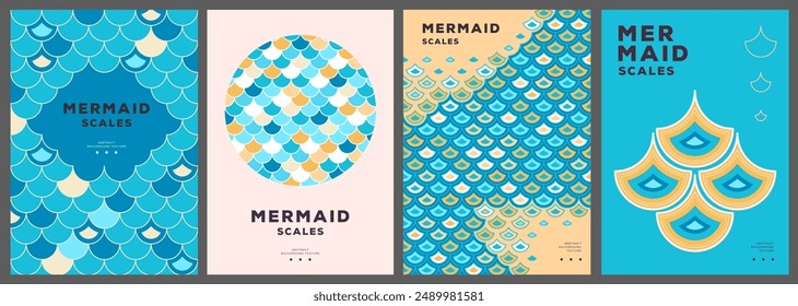 Conjunto de carteles de discoteca de verano o cubiertas con textura abstracta de escala de sirena.Ilustración vectorial
