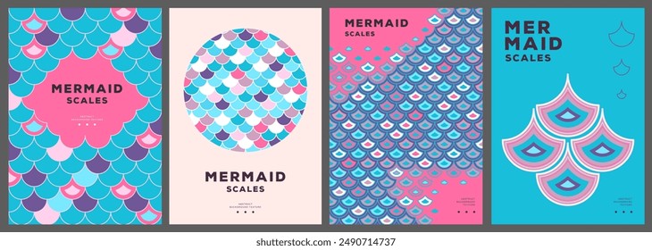 Set of summer disco posters or covers with mermaid scale abstract texture.Vector illustration