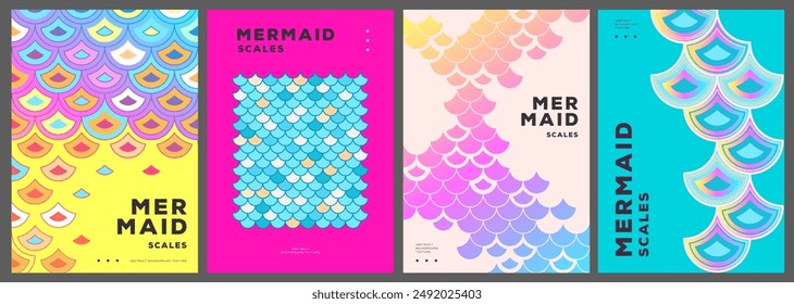 Set of summer disco posters or covers with holographic mermaid scale abstract texture. Vector illustration