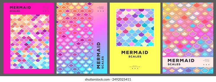Conjunto de carteles de discoteca de verano o cubiertas con textura abstracta de escala de sirena holográfica. Ilustración vectorial