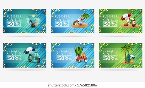 Set of summer discount banners with summer illustrations and liquid shapes on background. Colorful bright summer discounts isolated on white for your arts. Summer sale, up to 50% off.
