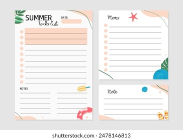 Set of Summer To do list, note, memo with Cartoon illustrations of Beach Accessories. Vector illustration for agenda, planners, checklists, notebooks, cards and other stationery. Layout in A5.