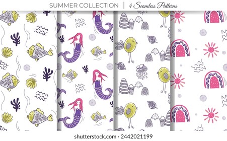 Set of summer doodle backgrounds with mermaid, rainbow, bird and fish. Cute simple childish pattern 