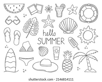 Set of summer doodle.  Summer beach elements in sketch style. Hand drawn vector illustration isolated on white background.