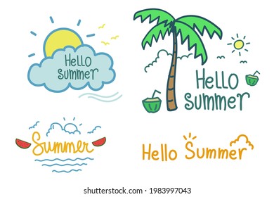 Set of summer doodle hand drawn typography. Summer element drawing style vector illustration 