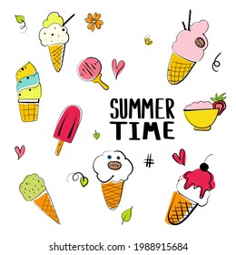 Set of summer doodle ice-cream hand-drawn illustration. Vector set for design of party.