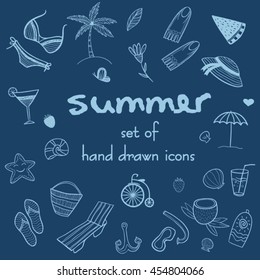 Set of summer doodle icons. Hand drawn vacation illustrations.Clip art for design.
Cute cartoon icons for background.