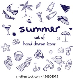 Set of summer doodle icons. Hand drawn vacation illustrations.Clip art for design.
Cute cartoon icons for background.
