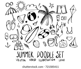 Set of summer doodle illustration Hand drawn Sketch line vector