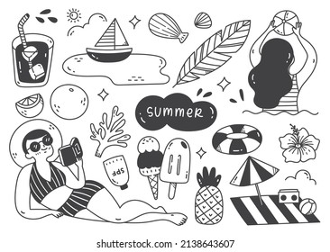 Set of Summer Doodle Line Art Vector Illustration