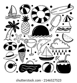 Set of summer doodle line art vector illustration Premium Vector