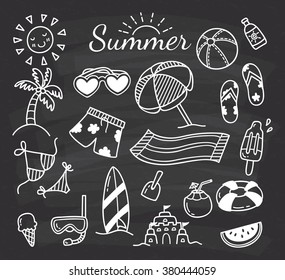 set of summer doodle on chalkboard background