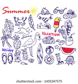 Set of summer doodle on white background, vector
