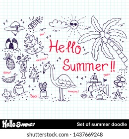 Set of summer doodle on white background, vector