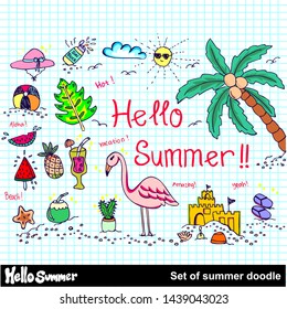 Set of summer doodle on white background, vector