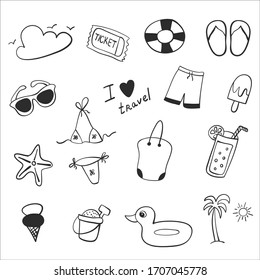 Set of summer doodle on white background.Vector illustration.