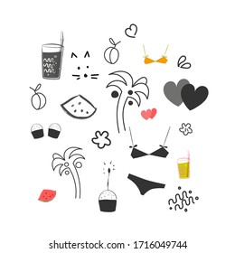 Set of summer doodle on white background. Flat icon set  beach, palm,cocktail, water mellon, swimsuit heart, juce, waves icons.