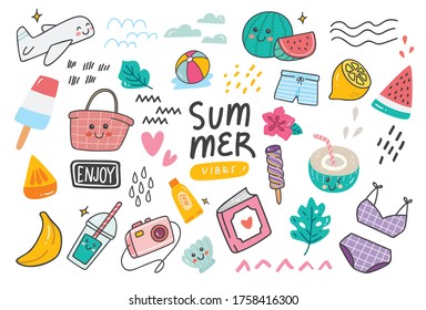 Set of summer doodle on white background