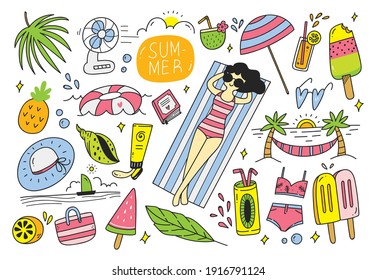 Set Sommerdoodle auf weißem Hintergrund, Vektordesign-Element